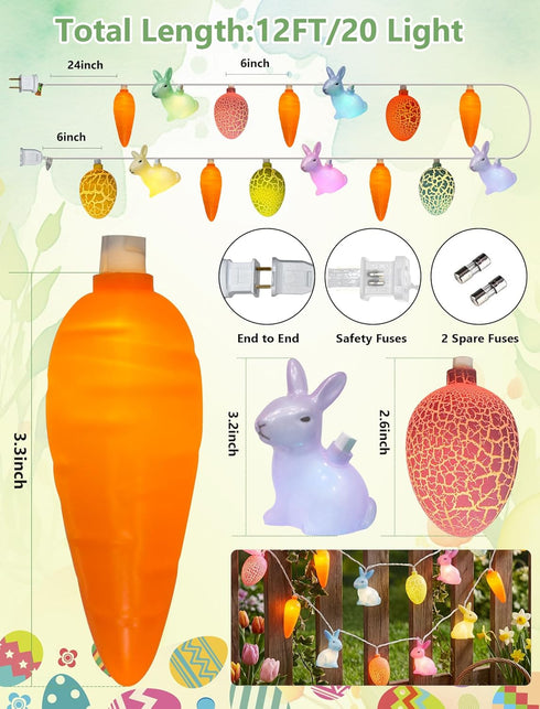 12FT 20 Multicolored Rabbit Cracked Egg and Carrot String Lights, LED Easter Fairy Light with LED Rabbit Cracked Egg