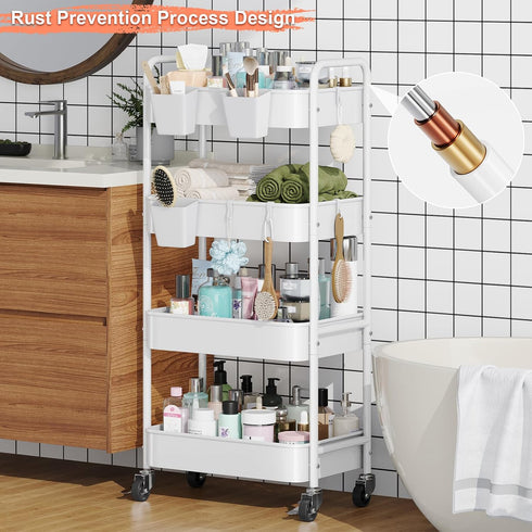 Aofure 4 Tier Rolling Cart Metal with Wheels, White Four Tiered Rolling Storage Cart on Wheels, Utility Roller Carts