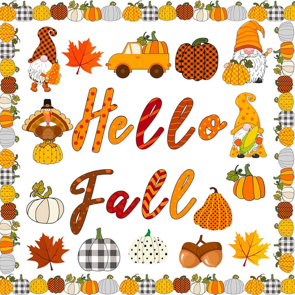 Faccito 70 Pcs Fall Bulletin Board Decorations Set, Hello Fall Cutouts with Autumn Gnome Pumpkin Borders