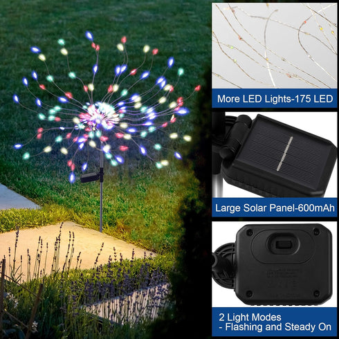 2 Pack 175 LED Solar Firework Lights, Waterproof 4th of July Decorations for Outdoor Landscape Path Lights