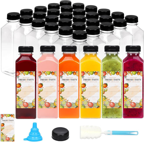 TOMNK 45pcs Juice Bottles with Lids, 16oz Reusable Plastic Juice Bottles with