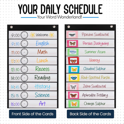 Essex Wares - 13 Pocket Daily Schedule Pocket Chart, Ultra-Durable Visual Schedule for Kids, Reusable Daily Schedule