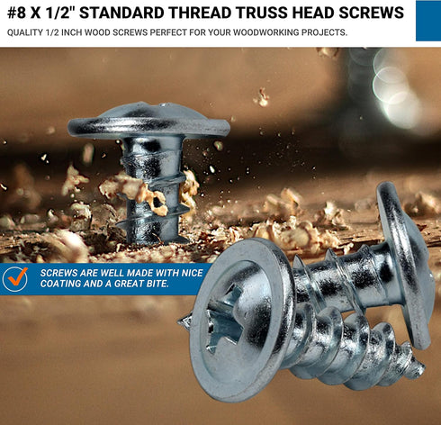 100 Pack Rok Hardware #8 x 1/2" Standard Thread Truss Head Screws for Wood Work MDF Zinc