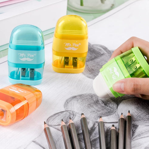 Mr. Pen Pencil Sharpener & Eraser, 4 Pack, Colorful, 2 Sharpening Holes, Manual Handheld Pencil Sharpener