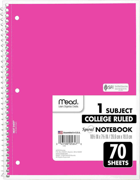 Mead Spiral Notebooks, 6 Pack, 1-Subject, College Ruled, 10-1/2" x 8”, 70 Sheets per Notebook, Assorted Colors