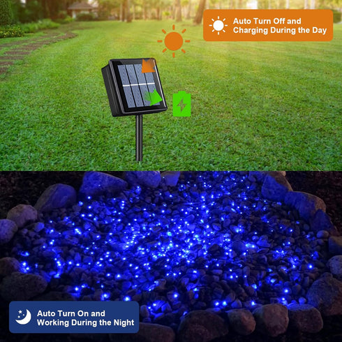 4 Pack 33ft 100 8 QITONG Solar Fairy Lights, Each LED Blue Christmas String Light Outdoor Waterproof, Modes Silver Wire