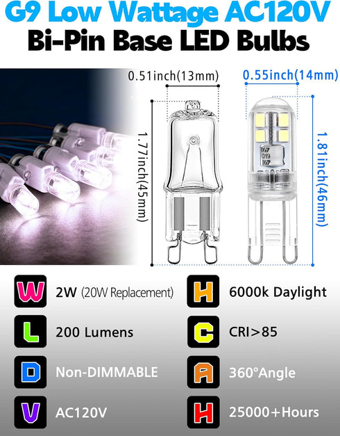 G9 Bulbs 2W 200LM 20Watt 6000K AC120V T4 G9 Bulbs 10 Pack Low Wattage LED Replace Halogen, Daylight White, Bi-Pin Base