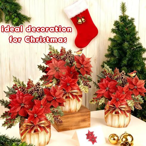 Afniimyapt 10 Sets Poinsettia 3D Poinsettias 3D Poinsettia Christmas Basket Pop Up Cards Paper Basket Popup Greeting