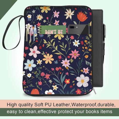 Floral Print Cute Book Sleeve, Waterproof PU Leather Travel Book Carrying Case, Book Protector Cover Bag with Zipper,