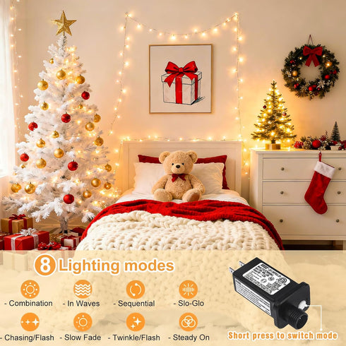 100FT 300 8 LED Christmas Lights Outdoor, Plug in String Lights Indoor Waterproof, Connectable Modes Fairy Twinkle