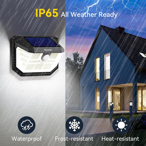 231 300 3 IP65 Garage(4 Pack) TECKNET LED Solar Motion Lights Outdoor, Angle & Lighting Modes, PIR Motion Sensor