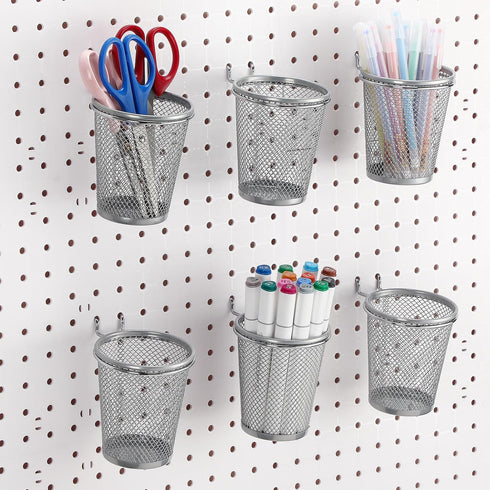 Spakon 6 Sets Pegboard Cups with Ring Hooks, Metal Pencil Holder for Desk Classroom Office Garage Workshop