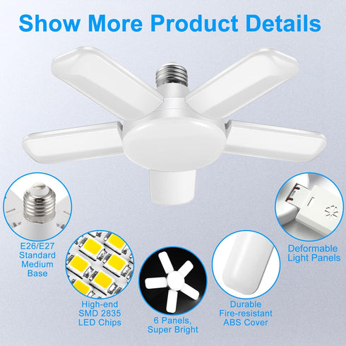 Kofarrten 80W 5 8000LM E26/E27 Bulbs (2 Packs) LED Garage Lights, LED Garage Ceiling Lights with Deformable Panels, LED