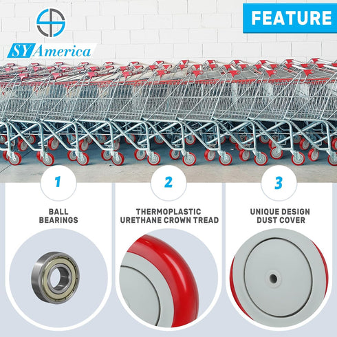 5" Set 4Load 1400 lbs(3/8"Bore,Red) SY America Shopping Cart Replacement Wheels Kit, Dual Precision