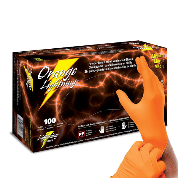 Disposable Orange Lightning Exam Gloves, Medium, Powder-Free Nitrile, 100-Ct
