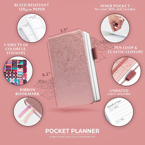 Legend Planner Pocket – Small Undated Monthly & Weekly Goal Journal, Mini Life Organizer Planner, Rose Gold
