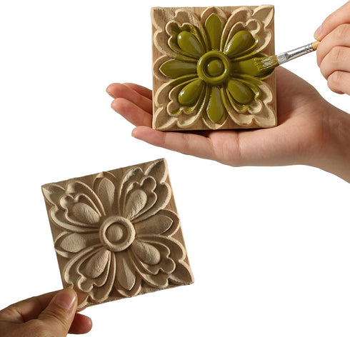 Nsrisml 5Pcs (8x8cm/3.15"x3.15") Wood Carved AppliquesOnlays Unpainted Wooden Corner Carving Decals for Mirrors