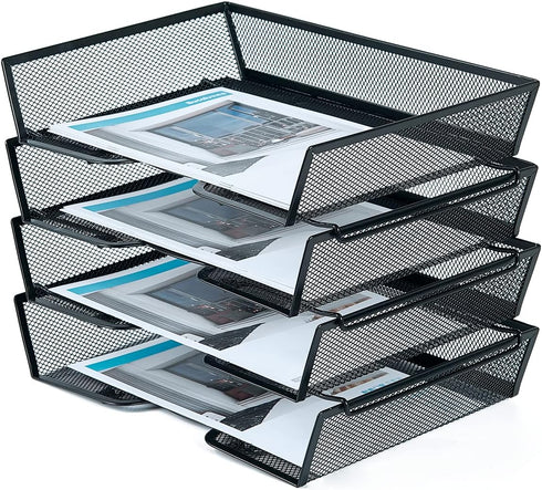 SETTFRFE 4-Tier Letter Tray Desk Organizer - Mesh Stackable File Trays for Desktop Paper Storage, Black
