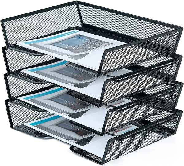 SETTFRFE 4-Tier Letter Tray Desk Organizer - Mesh Stackable File Trays for Desktop Paper Storage, Black