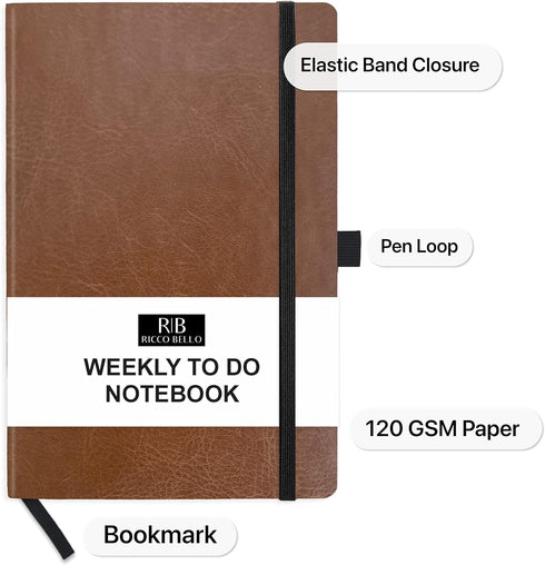 RICCO BELLO Undated Weekly Planner Notebook, Faux Leather Hardcover, 5.7 x 8.4 Inches, with Pen Loop and Pocket