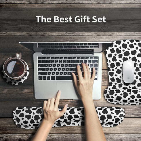 Wrist Rest Support Ergonomic Gel Mouse Pad & Memory Foam Keyboard Set, Non-Slip Rubber Base, Black and White Dot
