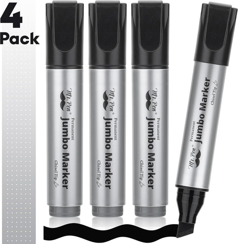 4 Pack, Mr. Pen- Jumbo Permanent Markers, Black, Chisel Tip, Wide Tip, Large, Thick Permanent Markers for Canvas