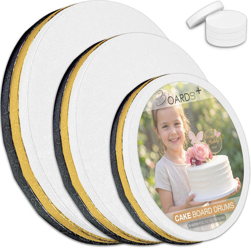 Cake Board Drums 8, 10 & 12 Inch in White, Gold &