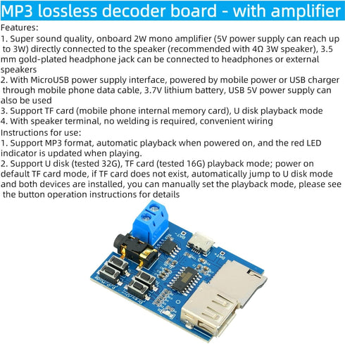 MTDELE 5Pcs MP3 5V Small Amplifier TF Card U Disk Play Decoder Player Module Micro USB Power Supply with Audio