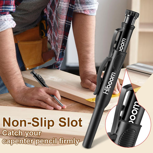 Hiboom 2 Pack Solid Carpenter Pencils with Pencil Cap and 18 Refills, Long Nose Deep Hole Mechanical Pencil Marker, Scribe Tool with Built-in Sharpener for Construction Woodworking Architect (Black) by Hiboom