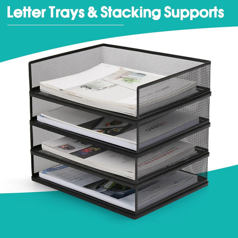 Wire Mesh Paper Tray Desk File Organizer, 2 Pack Stackable Metal Front-Load Document Trays for Office Supplies