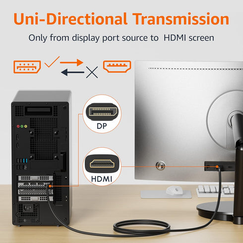 4k@30Hz, 1920x1200, 1080p, 10 Amazon Basics DisplayPort to HDMI Cable, Uni-Directional, Video and Audio, Gold-Plated