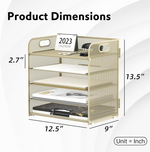 Supeasy 5 Trays Paper Organizer, Mesh Desk File Organizer with Handle for Office, Home, or School (Gold Yellow)