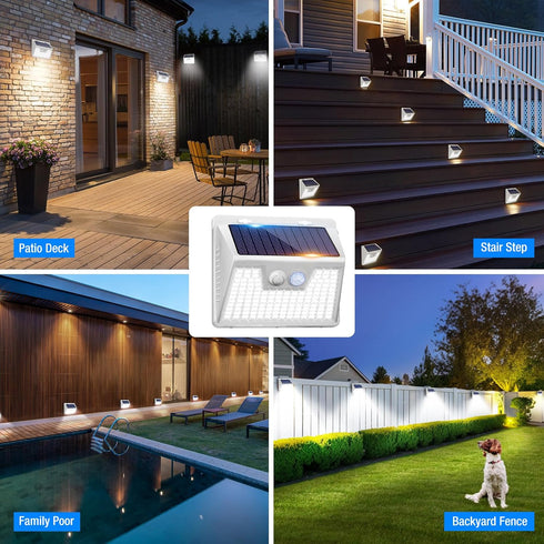 2 Pack 140 Peasur Solar Powered Lights Outdoor Motion Sensor, LED Fence Light Waterproof, White Frame Security Wall
