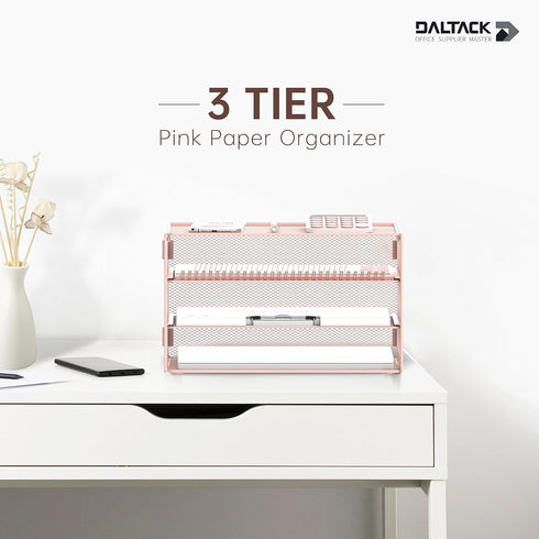 DALTACK 3 Tier Letter Tray Paper Organizer Mesh Metal Desk File Organizer for Home & Office, Pink by DALTACK
