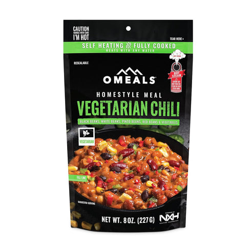 OMEALS Vegetarian Chili-MRE-Extended Shelf Life-Fully Cooked w/Heater-Perfect for Outdoor Enthusiasts, Travelers, Emergency