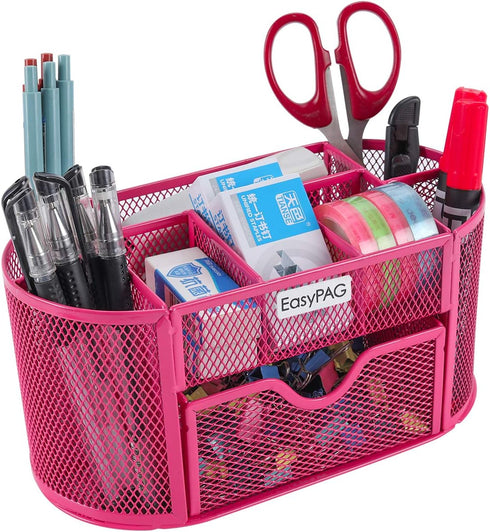 EasyPAG Desk Organizer Mesh Desktop Office Supplies Multi-functional Caddy Pen Holder Stationery with Drawer,Pink by EasyPAG