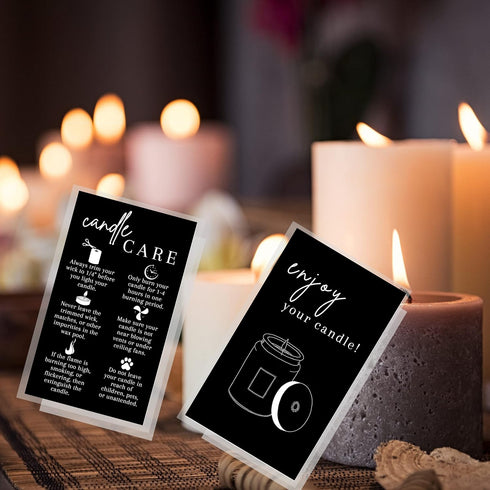 Handmade Candle Care Instruction Card - 50 Pack for Candle Makers, Black with White, 3.5 x 2 inches