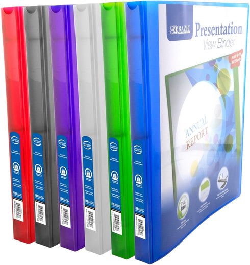 BAZIC 3 Ring Binder 1/2" Poly Presentation View Binders - Assorted Color, Round Ring, Hold 100 Sheets Paper, 6-Count