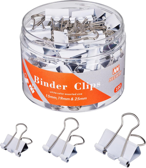 Binder Clips Set, Assorted Sizes, White for Office and Home Use - Pack of 100
