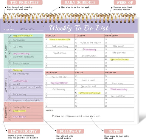 Weekly To Do List Notepad with Priorities, 8.5"×11" Undated Weekly Desk Planner Organizer for School, Office Supplies,