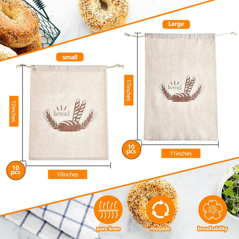 20 2 10" 12" 11" 17" Dunzy Pcs Linen Bread Bag for Homemade Bread Reusable Sizes x and x Unbleached Container