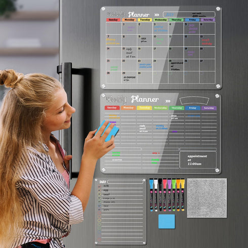 Hivillexun 3-Pack Acrylic Magnetic Dry Erase Calendar Whiteboard Set, Includes Markers, Eraser, and Cloth