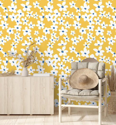 HAOKHOME 93391-1 Yellow Peel and Stick Wallpaper Floral Yellow/White/Blue Removable Wall Paper for Bedroom Bathroom Textured Stick on Contact Paper 17.7in x 9.8ft by HAOKHOME