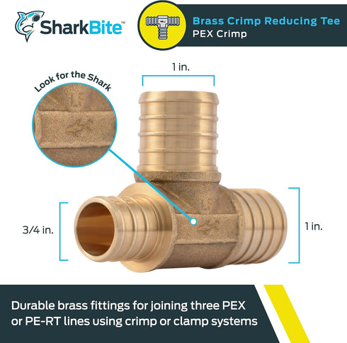 SharkBite 1 x 3/4 x 1 Inch Crimp Reducing Tee, Brass Plumbing Fitting, PEX Pipe, PE-RT, UC418LFA by SharkBite