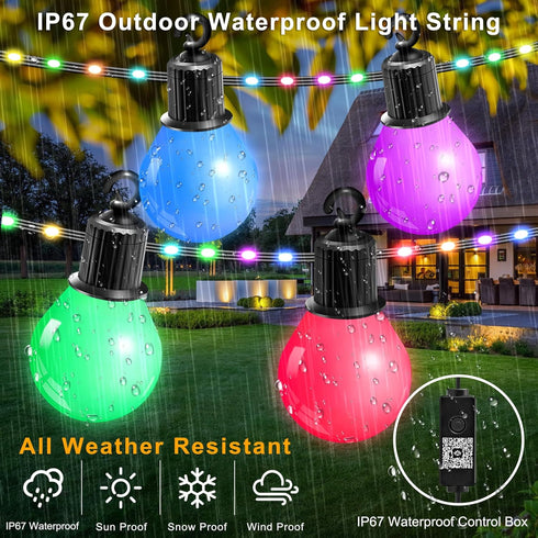 65.6Ft, IP67 26 G40 Bulbs, 5V Smart Outdoor String Lights RGB IC Color Changing LED Patio Light Waterproof with Remote