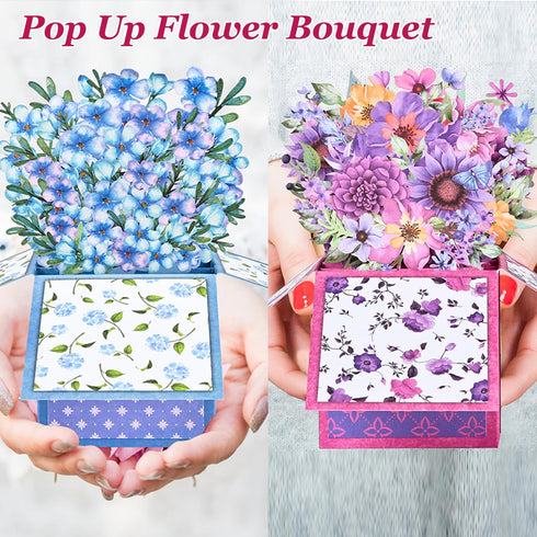 4 Pack 3D Giiffu Pop Up Flower Bouquet Cards, Flower Pop Up Card with Envelope & Note, Mothers Day Pop Up Cards
