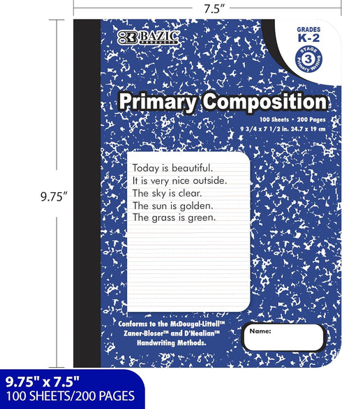 BAZIC Primary Journal Composition Book Blue Marble, 100 Sheet Writing Grades K- 2 Notebook Journal Comp Notebooks for Kindergarten Kids School, 1-Pack