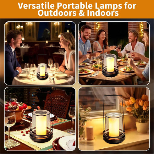 Dimmable Black Touch Table Lamp with Dynamic Flame Effect - Portable, Rechargeable Bedside Lamp, Tap for Flickering