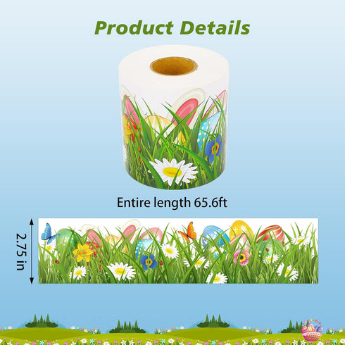 Easter Bulletin Board Border, Self-Adhesive Green Grass Easter Egg Bunny Flower Border Trim for Spring Easter Classroom Bulletin Board Home Office Wall Decorations, 65.6 ft by wonmon