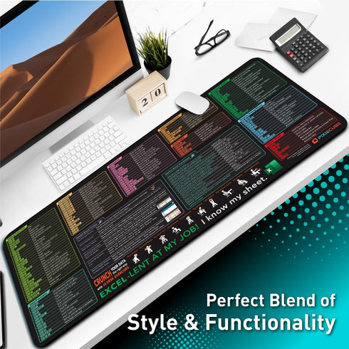Excel Shortcut Keys Mouse Pad - Extended XXL Cheat Sheet Gaming Mousepad, Non-Slip Stitched Edge for PC Office